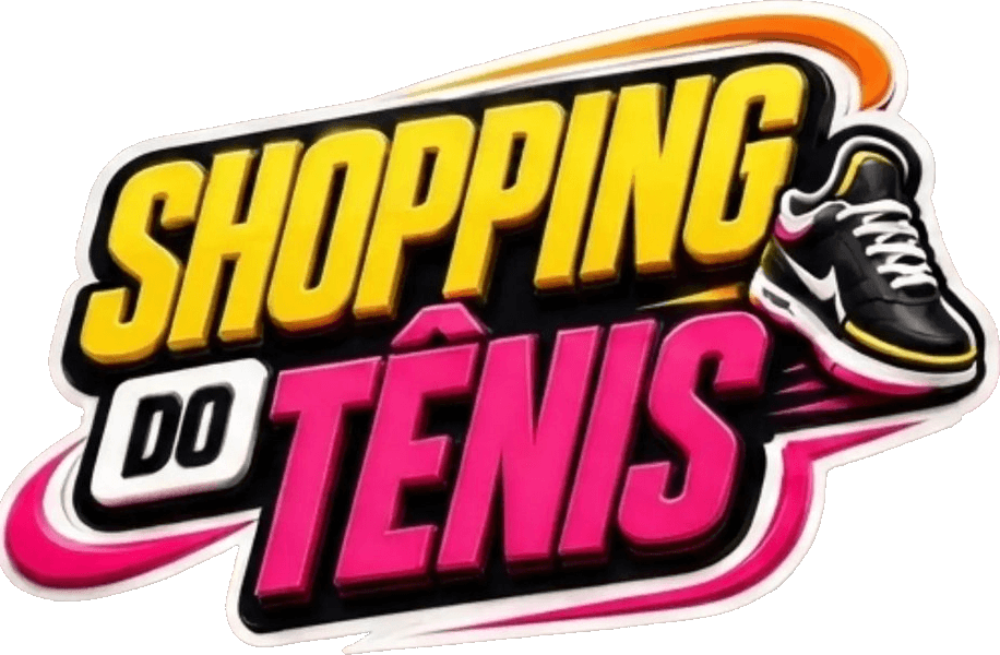 A logo da Shopping do Tênis: o SHOPPING amarelo, o TÊNIS rosa e o tênis preto